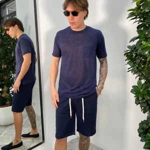 T-SHIRT IN MISTO LINO EFFETTO PUNTINATO CON TASCHINO - REGULAR FIT TE2956SS.BLU