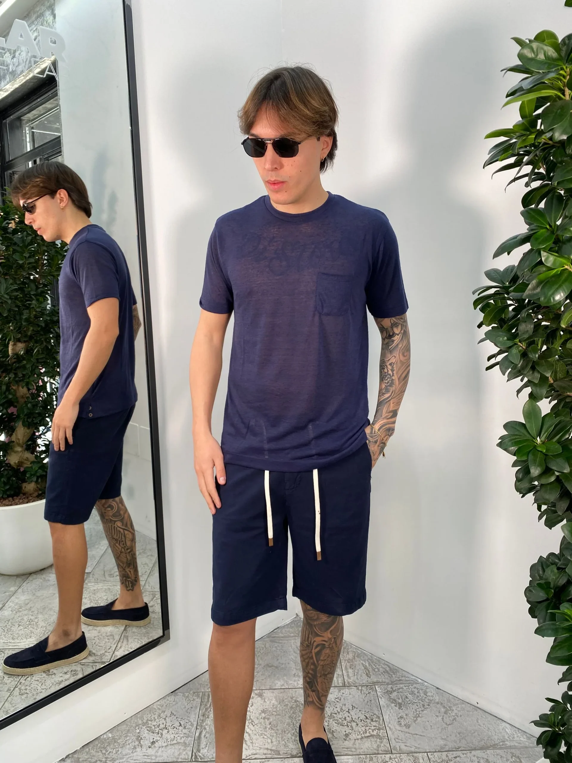 T-SHIRT IN MISTO LINO EFFETTO PUNTINATO CON TASCHINO - REGULAR FIT TE2956SS.BLU