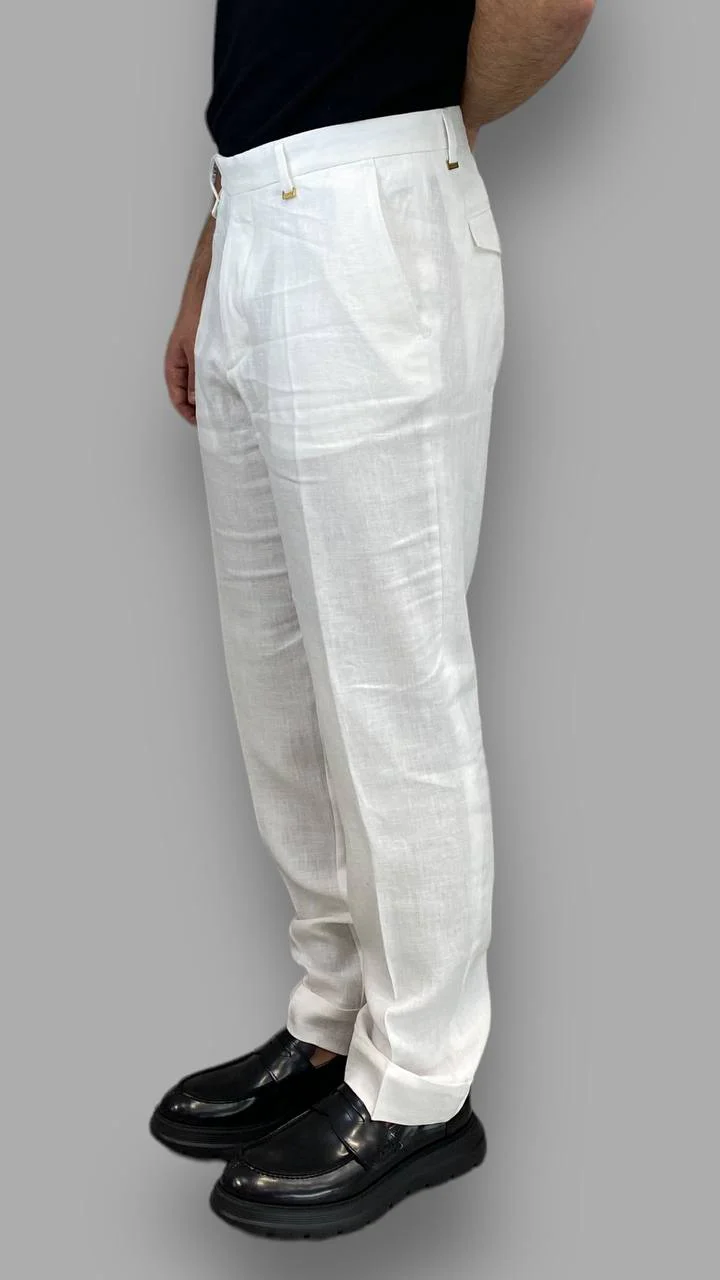 PANTALONE DA ABITO IN 100%LINO TASCA AMERICA GAMBA AMPIA CON RISVOLTO - RELAXED FIT - immagine 3