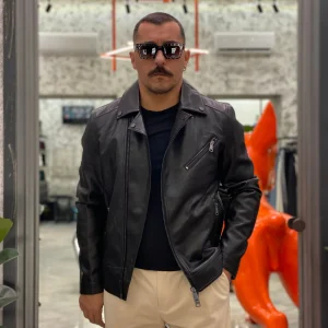 GIUBBINO CHIODO MODELLO BIKER IN ECOPELLE EFFETTO MARMORIZZATO - REGULAR FIT GL9819.NER