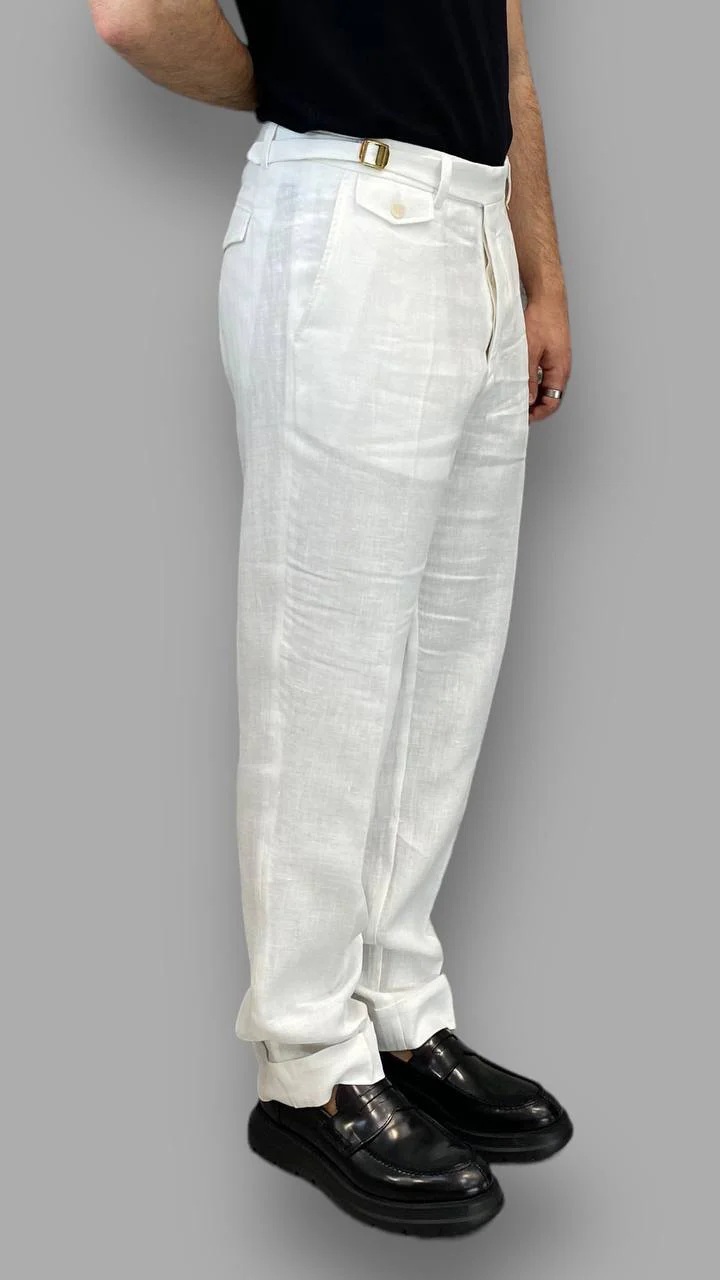 PANTALONE DA ABITO IN 100%LINO TASCA AMERICA GAMBA AMPIA CON RISVOLTO - RELAXED FIT - immagine 4