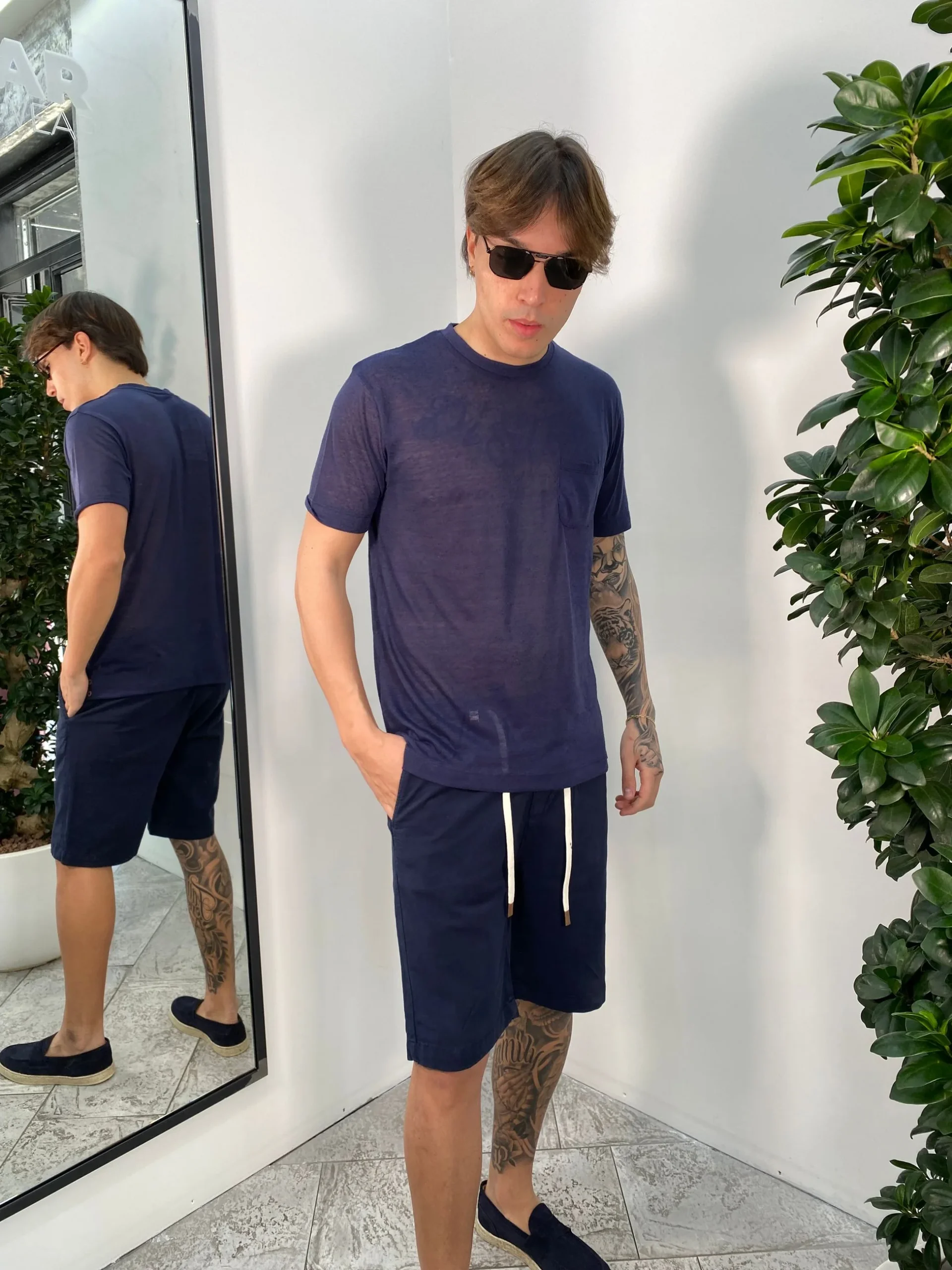 T-SHIRT IN MISTO LINO EFFETTO PUNTINATO CON TASCHINO - REGULAR FIT TE2956SS.BLU - immagine 3