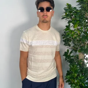 T-SHIRT IN MISTO COTONE/LINO A RIGHE LARGHE ORIZZONTALI - REGULAR FIT TE2939SS.BIGE
