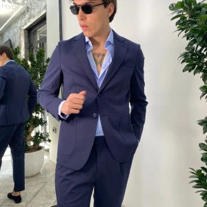 GIACCA DA ABITO IN TESSUTO PUNTO MILANO ELASTICIZZATO MONOPETTO CON TASCHE A TOPPA - REGULAR FIT GAE1015SS.BLU