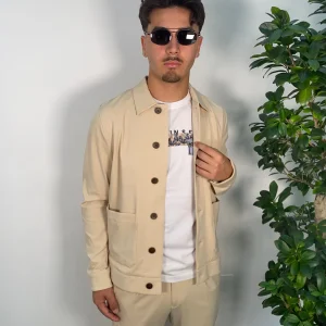 OVERSHIRT DA COMPLETO CON TASCHE A TOPPA IN TESSUTO PUNTO MILANO LEGGERO ED ELASTICIZZATO - REGULAR FIT GBE1042SS.BEI