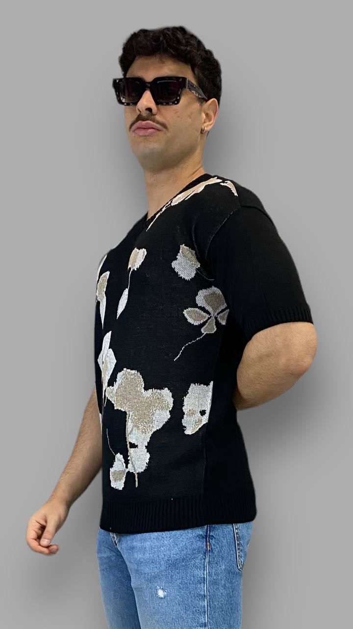 T-SHIRT IN FILO FANTASIA FIORI CON SCOLLO A PUNTA DI DIAMANTE - REGULAR FIT - immagine 3