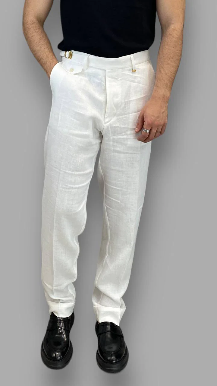 PANTALONE DA ABITO IN 100%LINO TASCA AMERICA GAMBA AMPIA CON RISVOLTO - RELAXED FIT - immagine 6