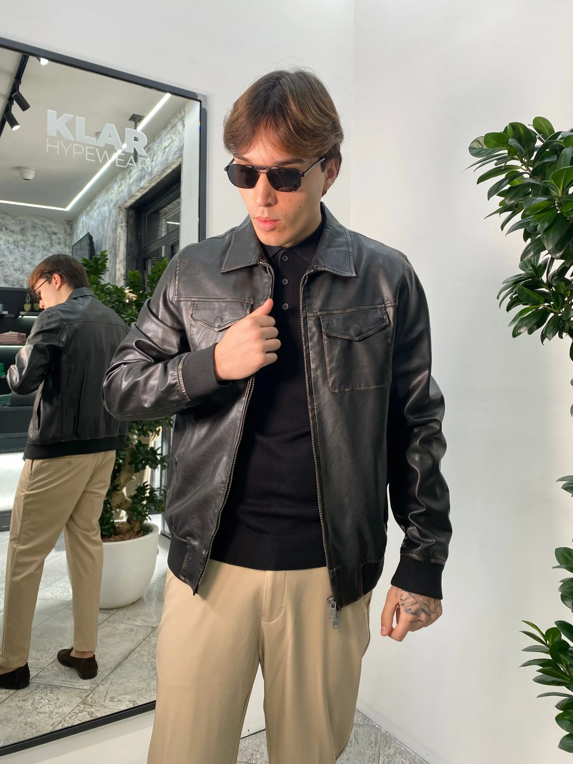 GIUBBINO IN ECOPELLE MODELLO AVIATOR EFFETTO VINTAGE CON TASCHINI - REGULAR FIT GL9810.NER